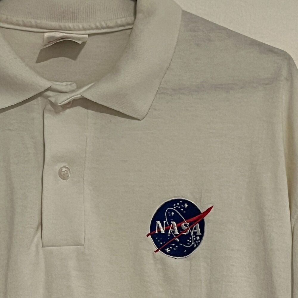 NASA Meatball Logo White Embroidered Polo Shirt Vtg Stedman by Hanes Men's XL